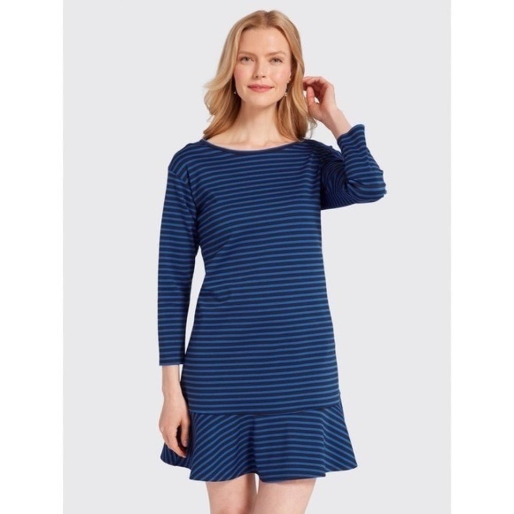 Draper James Stripe Tulip Long Sleeve Dress S Blue Black Ruffle Hem Knit